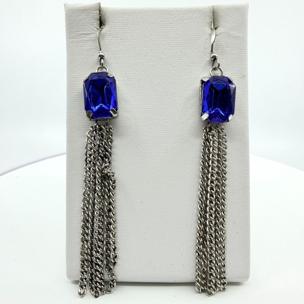 Vintage Cobalt Blue Emerald Cut Crystal Silver Tone Multi Chain Tassel Earrings